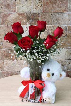 7 Roses and Bear in a Vase